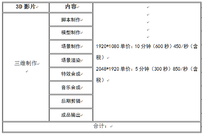 三维动画报价表